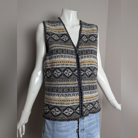 Vintage Robert Scott Wool Vest Women’s Small Zip Up Grey Yellow White - Picture 1 of 10